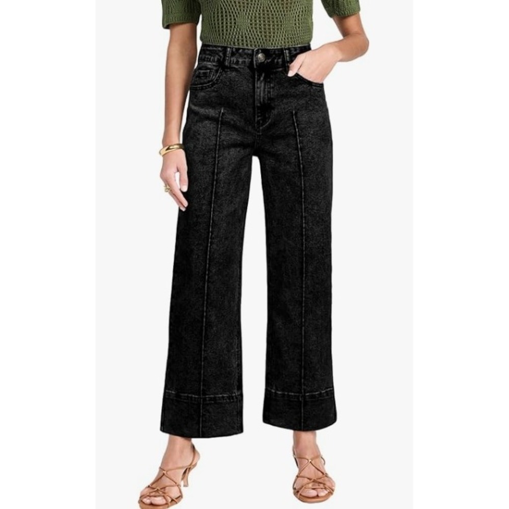 Astylish Wide Leg Jeans Womens 10 Black High Waisted Seam Front Cropped Denim - Picture 4 of 6